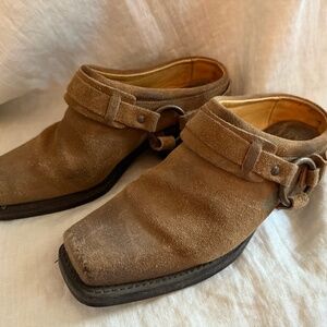 Frye Belted Harness Mules, brown suede, 90’s Vintage, size 8.5
